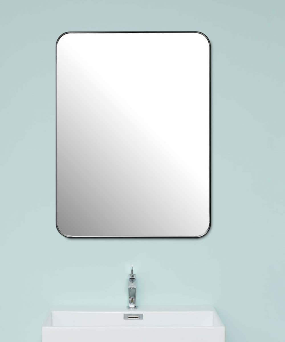 Spejl med afrundede kanter og sort metalramme, spejl er vendbart 60 x 80 cm